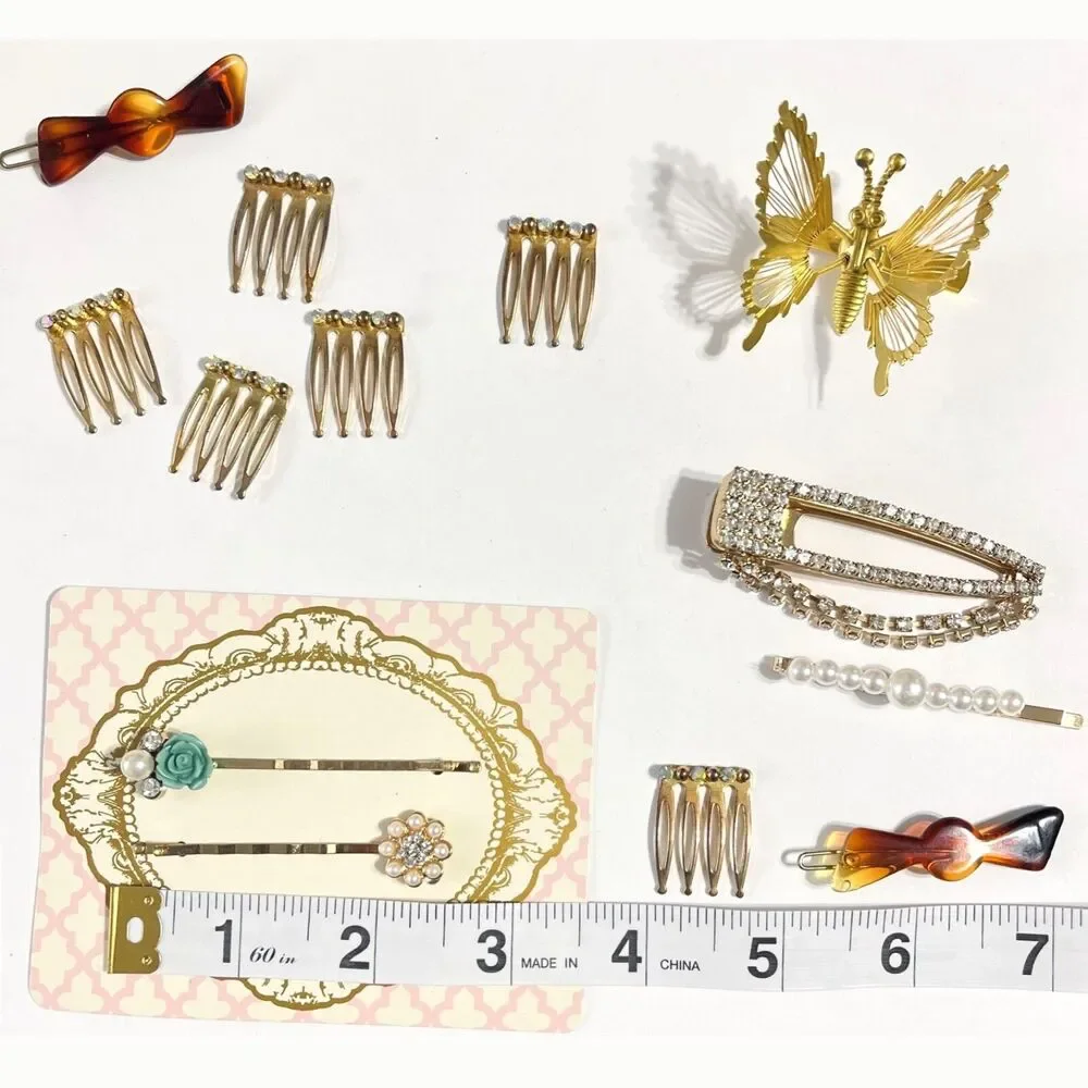 Vtg Retro Gold Tone Hair Barrettes Pins Combs Clip Rhinestone Butterfly Flower